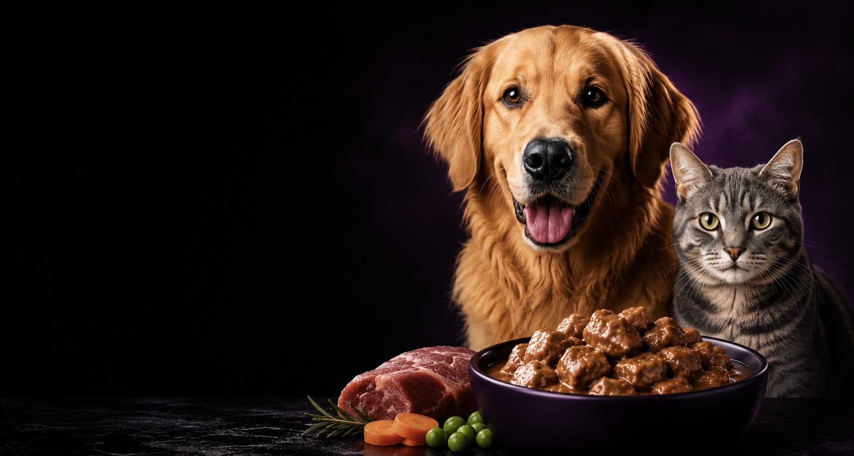 Perro golden retriever y gato gris junto a un tazón de alimento húmedo Carnívora